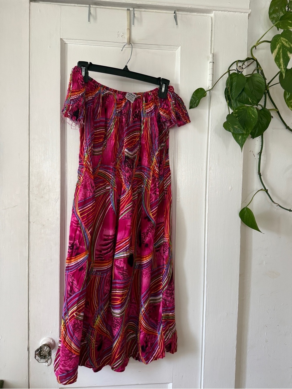 KARAN free size Bright Pink Off-Shoulder Maxi Dress with Multicolor Swirl Print